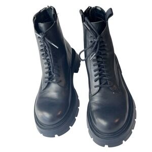 Zara  Black‎ Leather Chunky Combat Boots Lug Sole Lace Up Back Zip Size EU 36